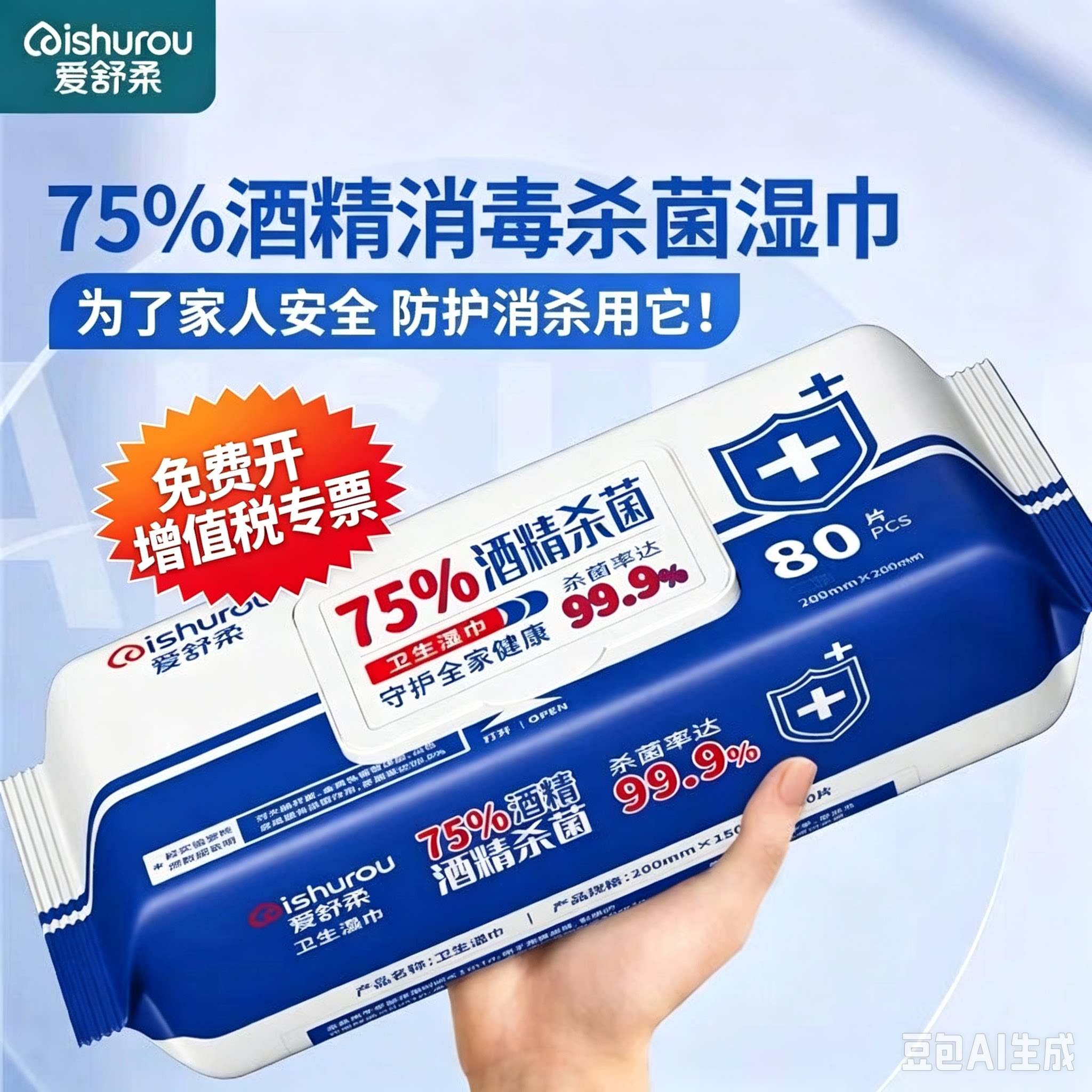 爱舒柔75%酒精湿巾大尺寸200x200