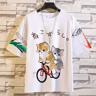 半袖 2025新款 衫 男女孩鲨鱼猫短袖 可爱 mofusand猫衣服宽松T恤夏季