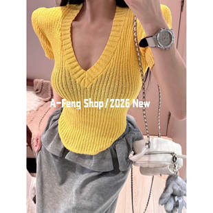 修身 法式 新款 2026春季 显瘦气质绑带收腰小众设计上衣 V领针织短袖