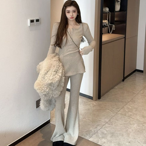 韩版2025冬季新款时尚气质显瘦磨毛长袖T恤+休闲百搭长裤套装