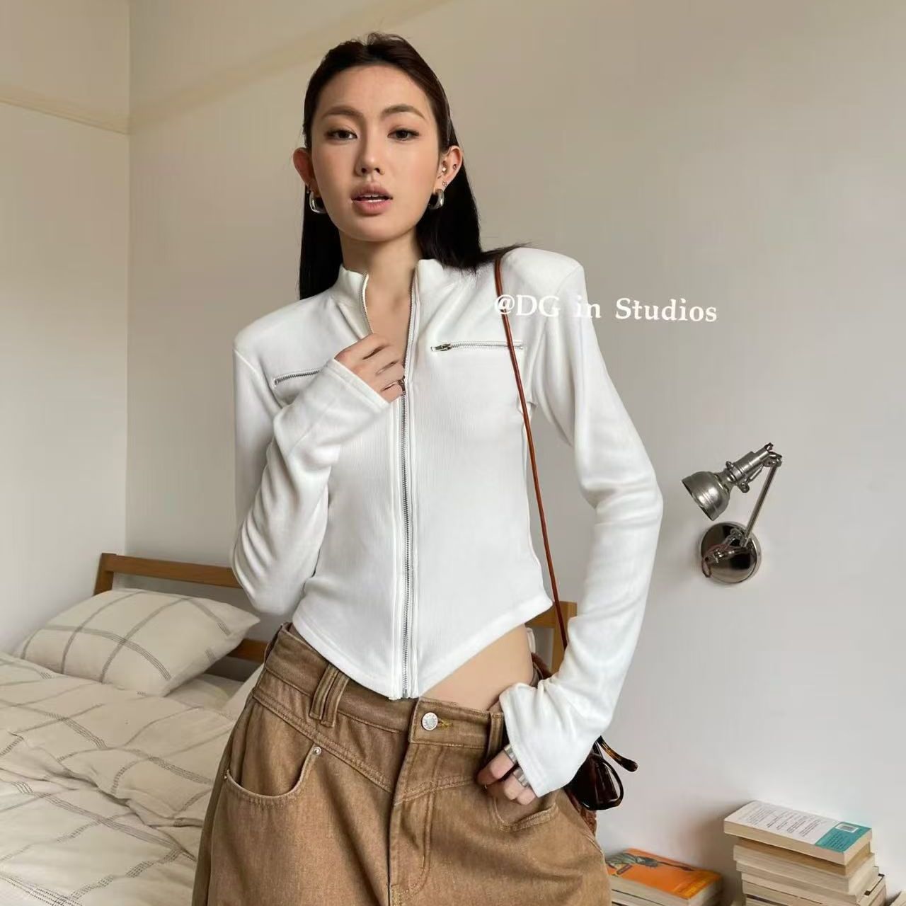 立领拉链磨毛长袖T恤开衫女秋冬修身显瘦短款外套上衣内搭