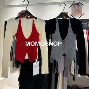 洋气百搭显瘦拼色系带挂脖假两件针织衫 韩国东大门2025冬季 新款