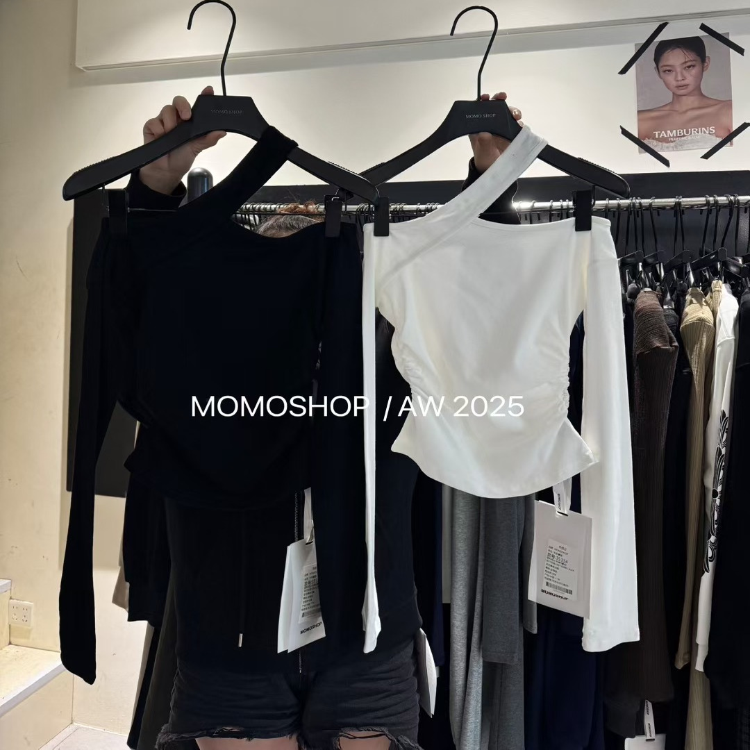 2025早秋新款韩版时尚设计感修身显瘦纯欲风漏肩挂脖长袖T恤