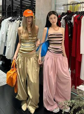 2026夏季新款韩版时尚百搭条纹抹胸背心+高腰显瘦阔腿裤两件套女