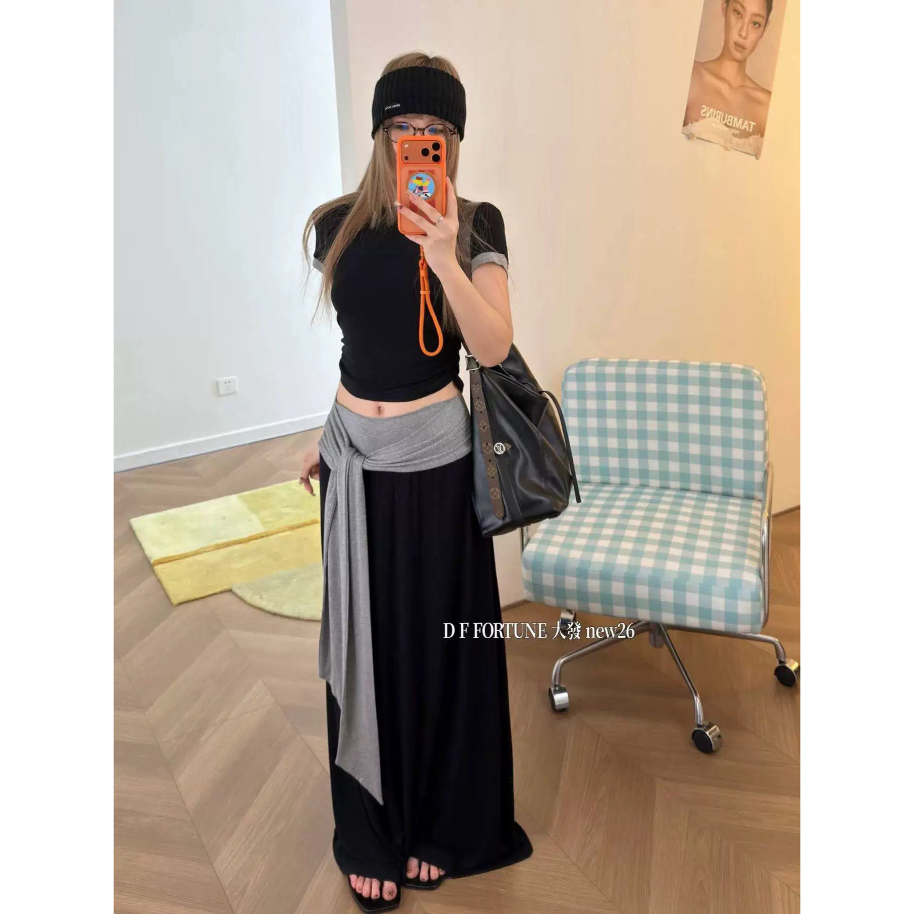 港味修身短袖T恤+撞色收腰绑带休闲半身裙气质连衣裙两件套装女夏