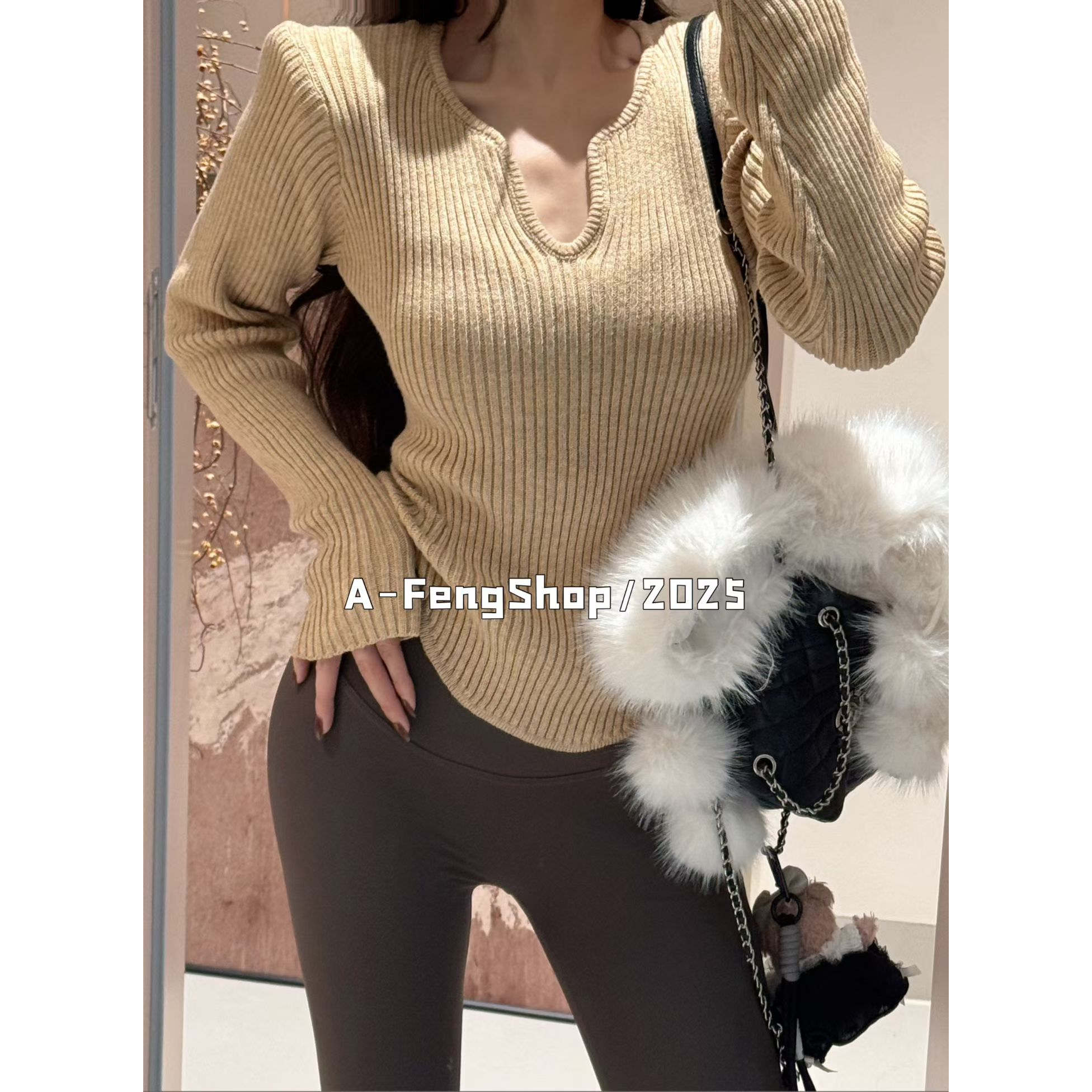 韩系简约日常气质下摆弧形V领不规则设计感打底针织衫上衣女