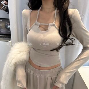 内搭显瘦甜美套头衫 温柔风独特长袖 修身 新款 挂脖上衣女春季