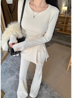 休闲慵懒风褶皱设计系带开叉长袖T恤女秋冬百搭显瘦阔腿裤两件套