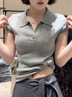 灰色翻领单扣短袖针织t恤女2026年春夏新款韩系休闲减龄百搭上衣