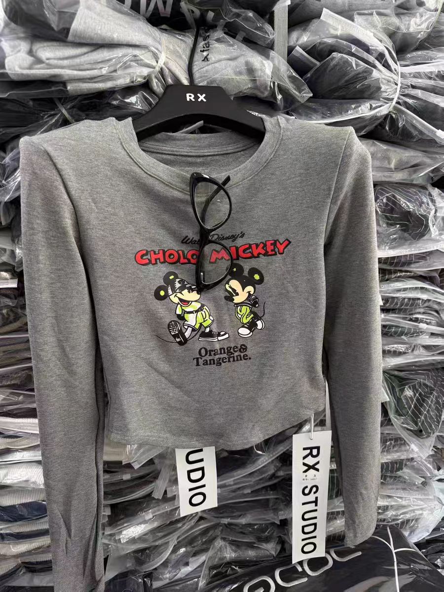 2025秋冬磨毛韩版设计感卡通印花长袖T恤女修身打底上衣