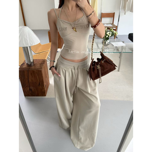 美式显瘦气质简约吊带背心休闲阔腿裤女夏季新款时尚宽松长裤子