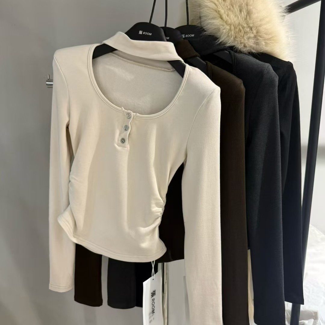 打底衫2025秋冬新韩版u领设计感褶皱长袖加绒T恤修身显瘦上衣女