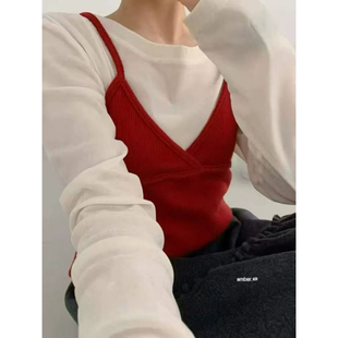 2025韩版早春套装长袖圆领打底衫针织吊带马夹时尚两件套上衣