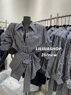 衬衫 2025秋季 格子上衣polo领配腰封收腰显瘦长袖 新款 韩国辣妹时尚