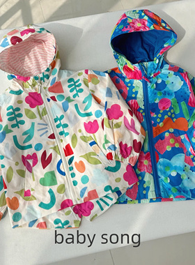 英国100-150女宝25秋连帽拉链冲锋衣风衣儿童多巴胺彩绘防风外套