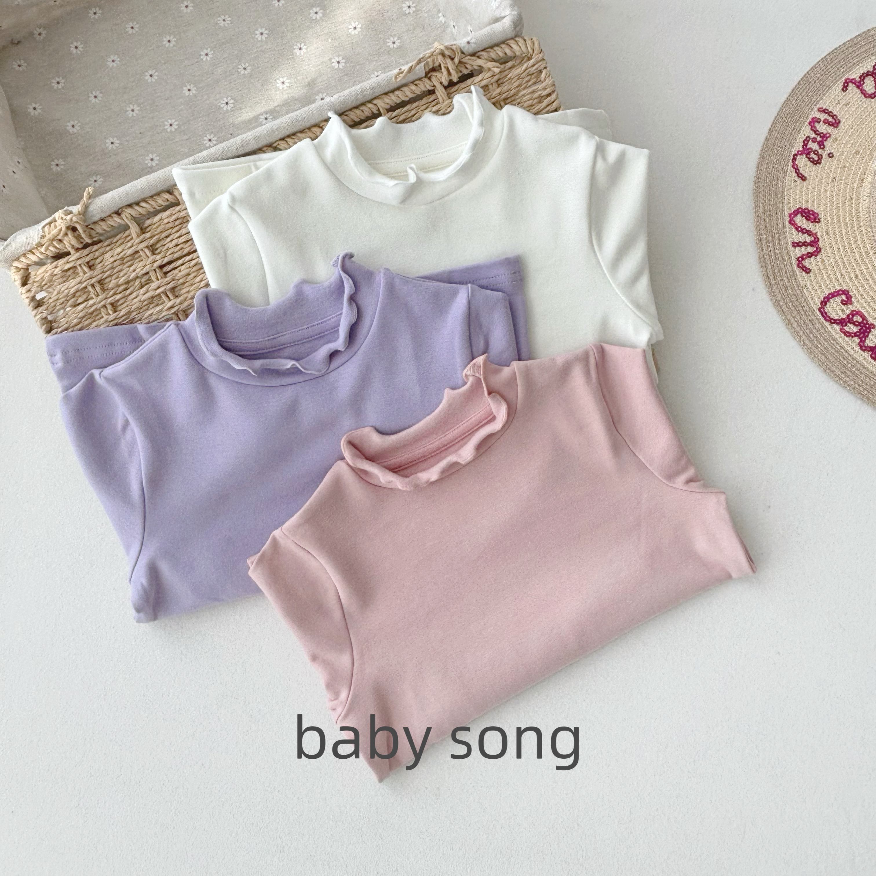 日系100-150女宝25秋冬儿童纯棉弹力磨毛荷叶边半高领长袖打底衫