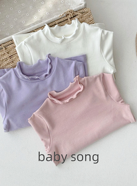 日系100-150女宝25秋冬儿童纯棉弹力磨毛荷叶边半高领长袖打底衫