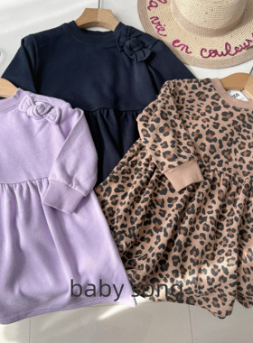 澳单cot2-10岁女童25秋新毛圈豹纹蝴蝶结运动风长袖卫衣裙连衣裙