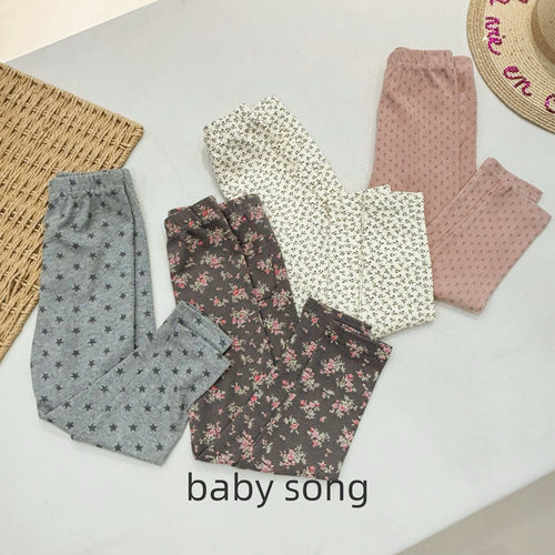 韩系女童秋冬棉质磨毛碎花打底裤