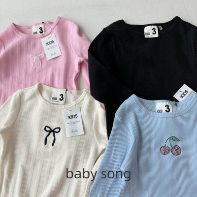 澳单cot2-10岁女童春夏新款纯棉弹力圆领纯色长袖打底衫T恤