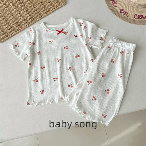 韩国90-150女童26夏樱桃印花短袖短裤家居服针织纯棉睡衣两件套