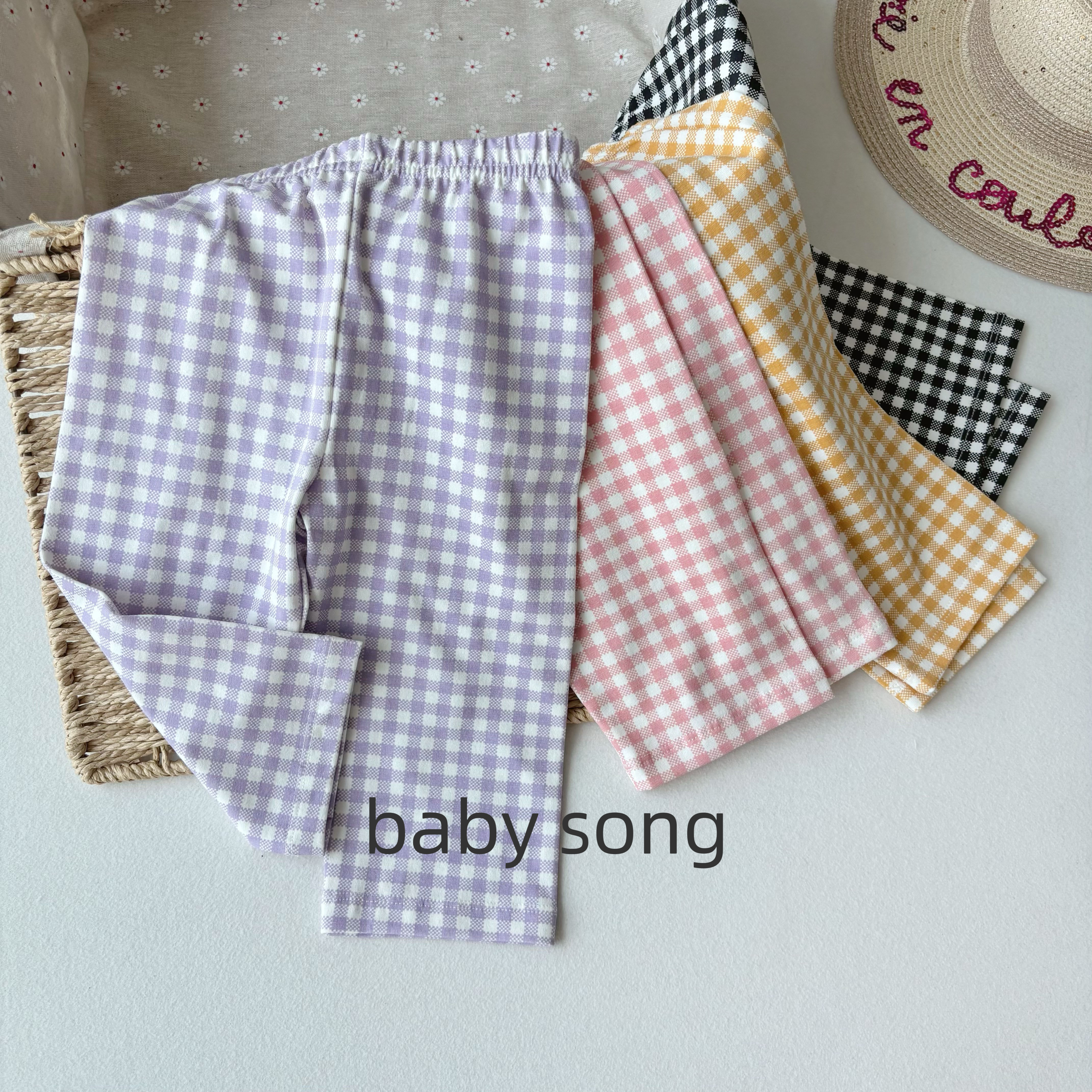 日系90-150女宝25夏纯棉弹力格纹格子儿童七分打底裤