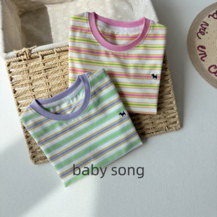 160男女宝中大童25夏彩虹条纹纯棉短袖 T恤 韩系100 活力多巴胺