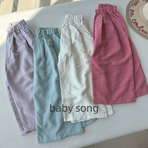 韩系100-150女童春夏多巴胺薄软松紧腰纯色休闲阔腿防蚊裤