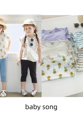 日单PM80-130女宝中小童夏条纹向日葵木耳边飞袖纯棉日系短袖T恤