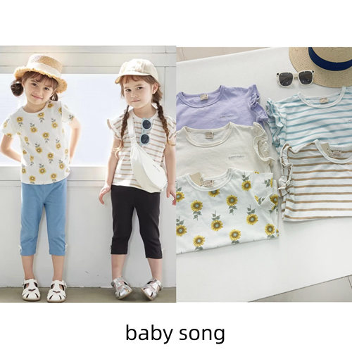 日单PM80-130女宝中小童夏条纹向日葵木耳边飞袖纯棉日系短袖T恤