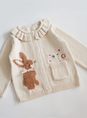 90-130女童新款纯棉荷叶翻领毛绒兔子刺绣外贸针织毛衣开衫外套