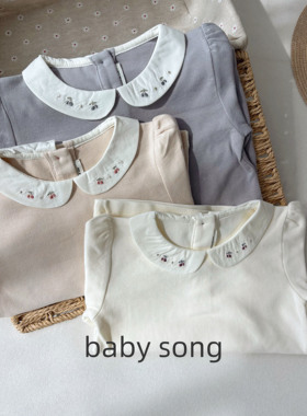 韩系100-150女童2025早秋新款棉质娃娃领刺绣长袖T恤小翻领打底衫