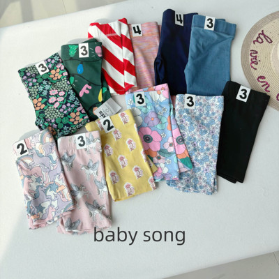 澳单cot2-10岁女童25春夏新款纯棉弹力花朵印花五分打底裤短裤