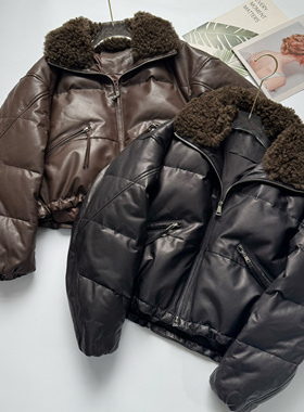 秋冬新款真皮皮衣女短款进口植鞣头层绵羊皮鹅绒服羽绒服短外套