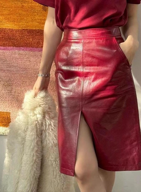 秋冬新款真皮皮裙进口头层油蜡绵羊皮半身裙开叉包臀裙