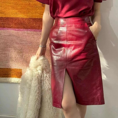 秋冬新款真皮皮裙进口头层油蜡绵羊皮半身裙开叉包臀裙