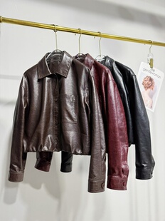 2026春新款进口油蜡头层绵羊皮皮衣短外套夹克女上衣