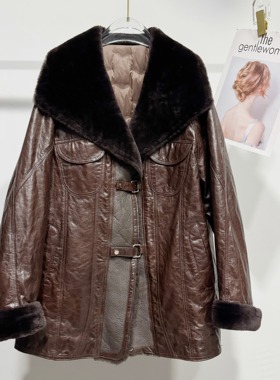 秋冬新款进口冷萃油蜡头层绵羊皮鹅绒服羊皮毛一体毛领羽绒外套