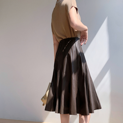 秋冬新款真皮皮裙高腰半身裙进口头层绵羊皮长裙植鞣皮伞裙百褶裙