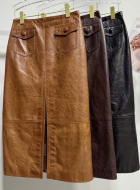 秋冬新款真皮皮裙进口油蜡头层绵羊皮休闲长裙包臀裙半身裙前开衩