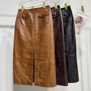 秋冬新款真皮皮裙进口油蜡头层绵羊皮休闲长裙包臀裙半身裙前开衩
