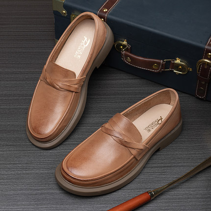 帕达索鞋子男夏款休闲皮鞋2022新款圆头潮鞋真皮套脚豆豆鞋220338