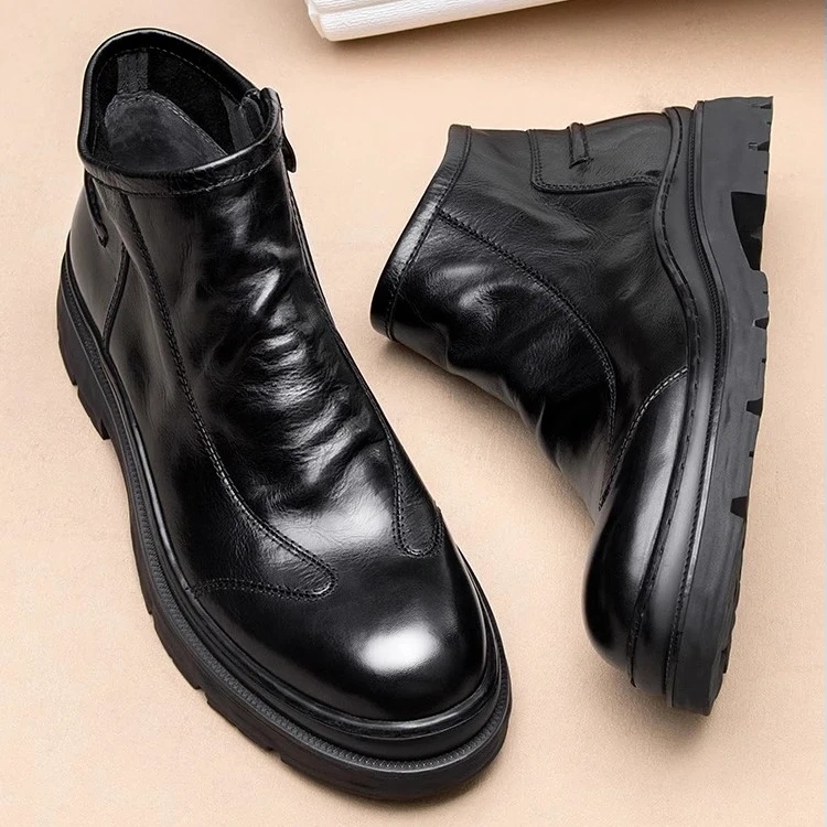 帕达索男鞋厚底切尔西靴拉链机车真皮马丁靴加绒保暖短靴潮241112