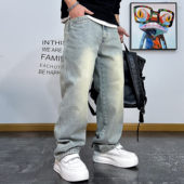 美式 宽松阔腿青年休闲直筒裤 复古撞色水洗微喇浅蓝色牛仔裤 男春款