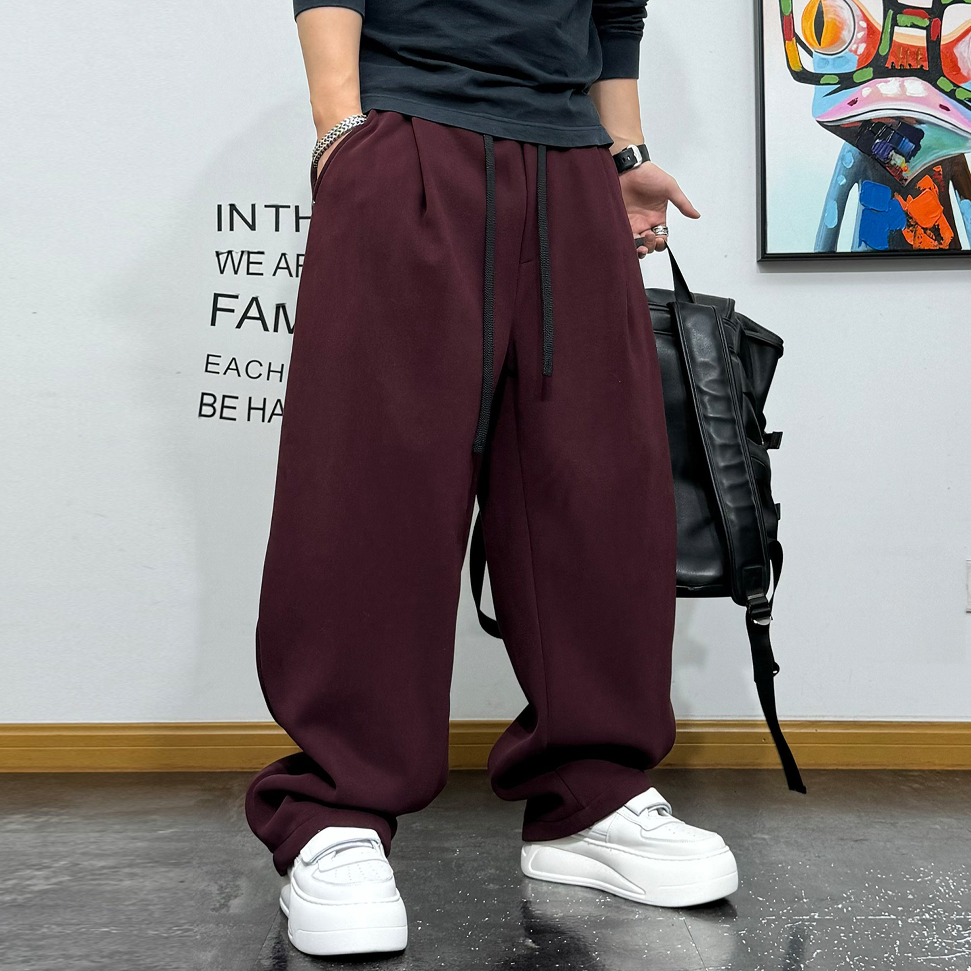 宽松直筒休闲褶皱装饰卫裤加绒