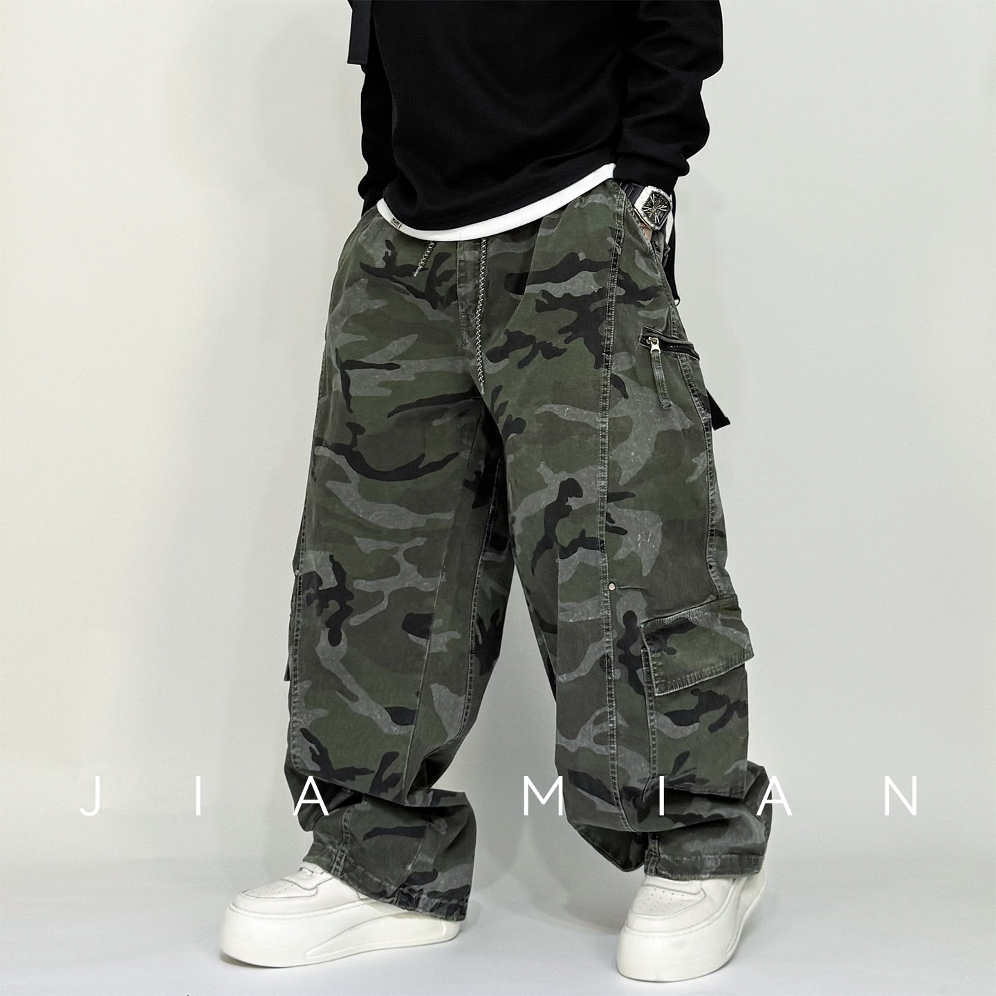 拼接多口袋迷彩工装裤男春秋宽松直筒裤美式高街休闲痞帅阔腿长裤,男装,休闲裤,淘宝优惠券,粉丝福利购,淘宝优惠卷