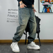 青年潮牌宽松小直脚牛仔裤 男破洞补丁泼墨复古水洗休闲百搭九分裤