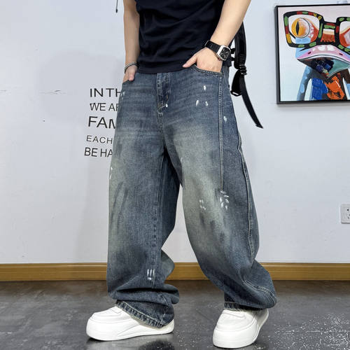 宽松阔腿涂鸦印花垂感直筒牛仔裤