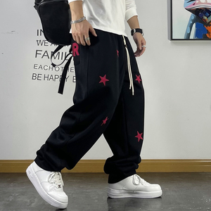 男士健身运动裤子宽松直筒青年潮流五角星刺绣冬季加绒针织卫裤男