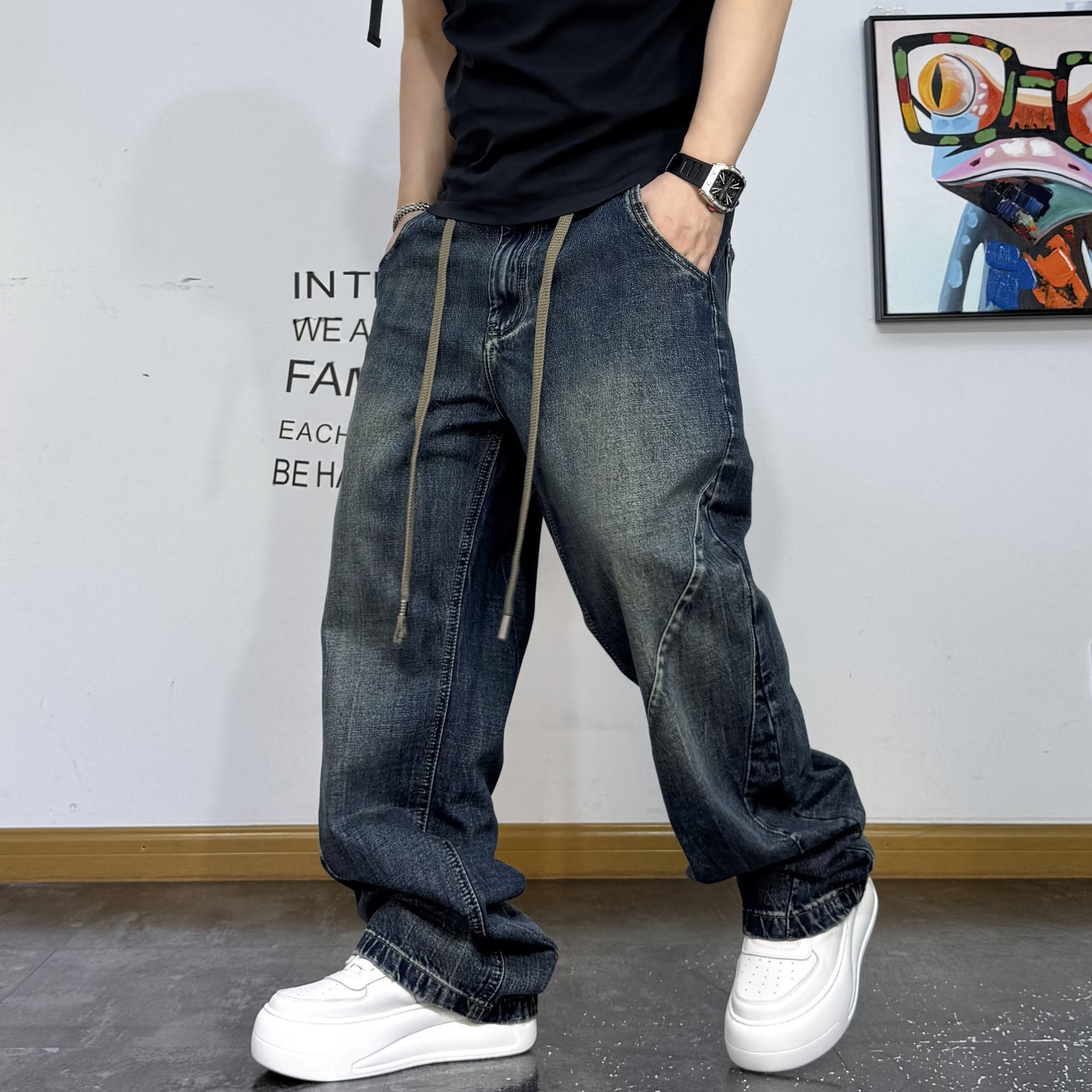 美式复古拼接抽绳牛仔裤长裤男